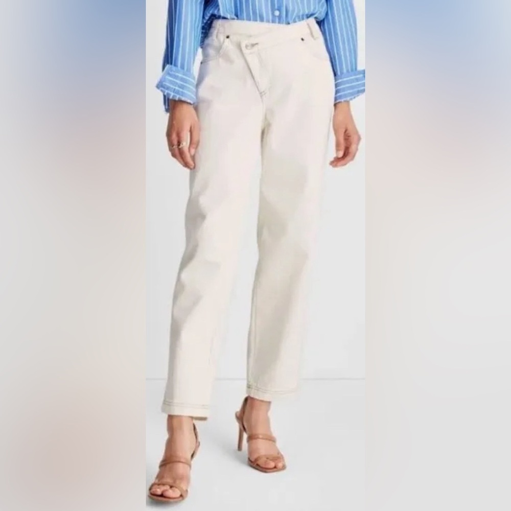 Future Collective Kahlana Barfield Brown Cream Mid Rise Tapered Leg  jeans